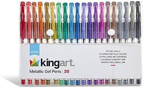 KINGART Metallic Rollerball Gel Pens, Set of 20 Shiny Colors with Soft-Grip Comfort, XL Ink Cartridge - Ink, Great for All Ages, Writing, Coloring, Doodling, Scrapbooking, Journaling & More