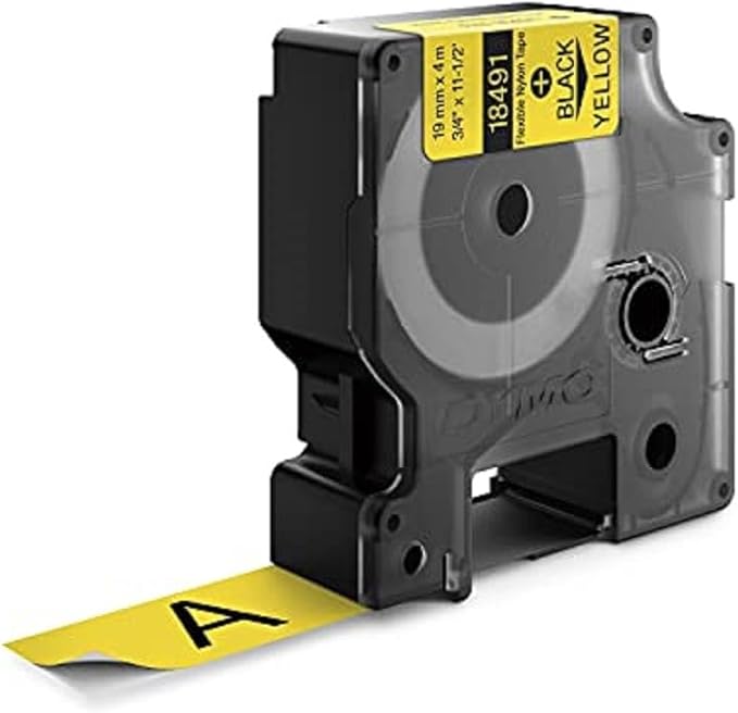 DYMO Rhino Industrial Flexible Nylon Labels 3/4" x 11.5' Black Print on Yellow Tape