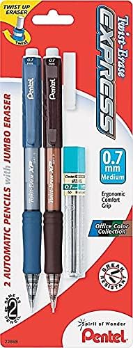 Pentel Twist-Erase Express Automatic Pencil with Lead and Eraser, 0.7mm, Assorted Barrels, 2 Pack (QE417LEBP2)