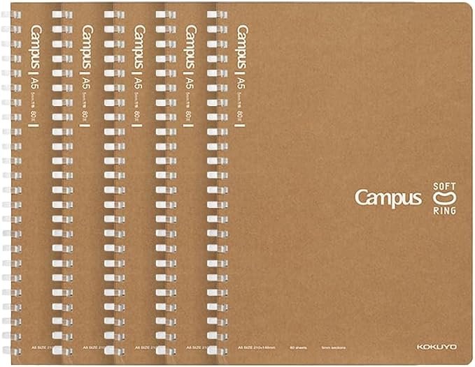 KOKUYO Spiral Graph Notebook, 5 Pack A5 Business Soft Ring Notebooks with 5mm Grid Ruled, 8.3'' x 5.8'' Journal with 80 Perforated Sheets, Kraft Notebook for Men, Note Take for Work (WCN-CSR3811)