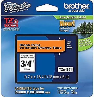 Brother TZEB41 TZ Standard Adhesive Laminated Labeling Tape, 3/4-Inch w, Black on Fluorescent Orange