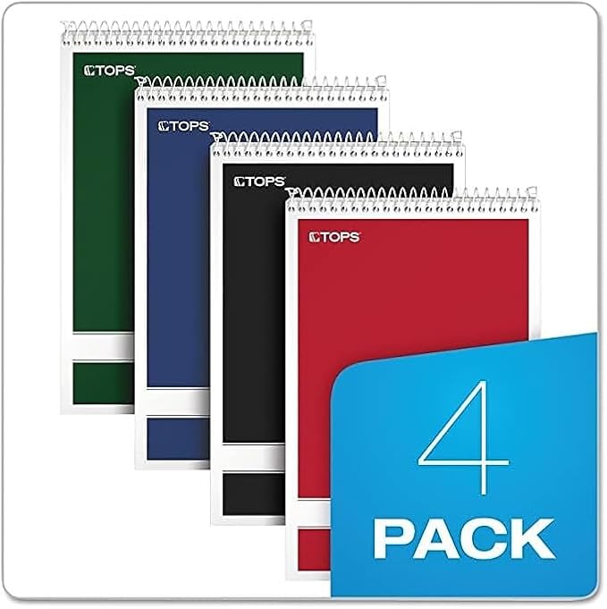 TOPS Steno Books, 6" x 9", Gregg Rule, Green Tint Paper, Assorted Color Covers, 80 Sheets, 4 Pack (80221)