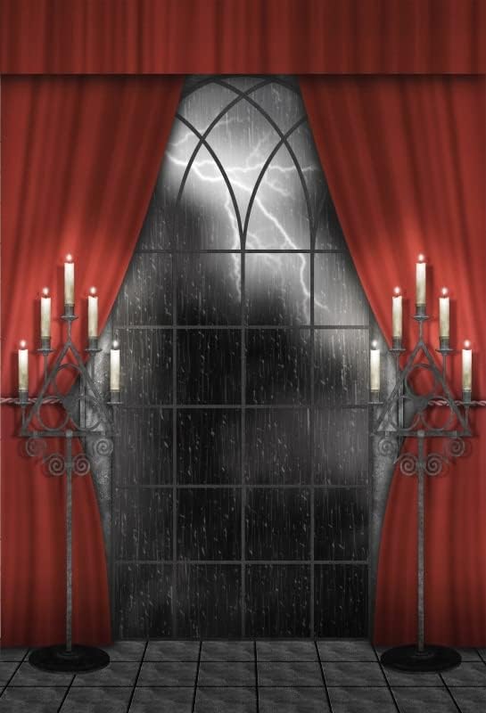Renaiss 7x10ft Vintage Gothic Window Backdrop Red Curtain Candlestick Black Floor Lightning Stormy Sky Vampire Medieval Castle Photography Background Halloween Dress Up Party Decors Photo Booth Props