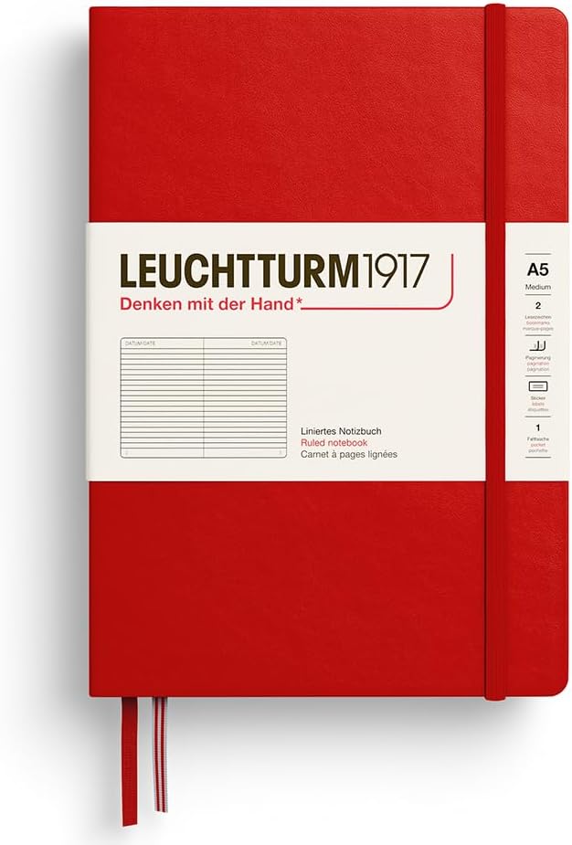 LEUCHTTURM1917 373978 Notebook Medium (A5), Hardcover, 251 Numbered Pages, Cherry, Ruled
