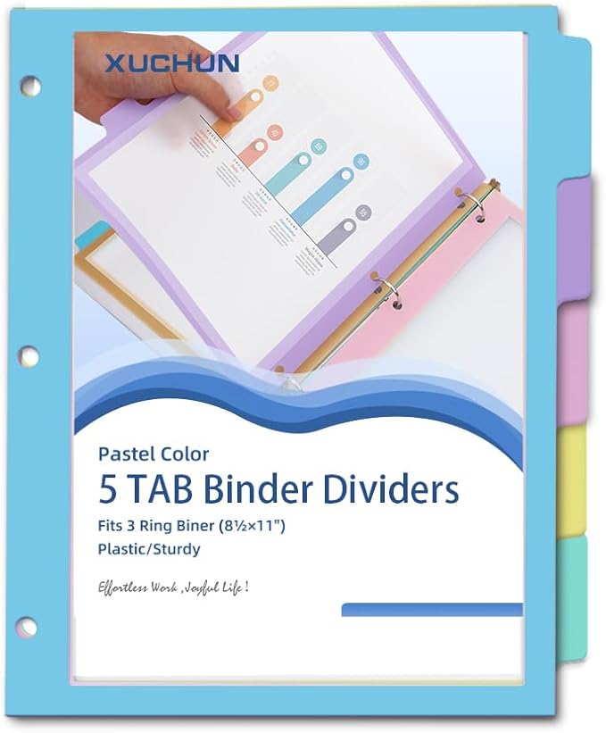XUCHUN Binder Dividers,5 Tab Dividers Clear Plastic Subject dividers with Tab,for 3 Ring Binder,Customizable Labels, Multicolor, Durable & Tear-Resistant
