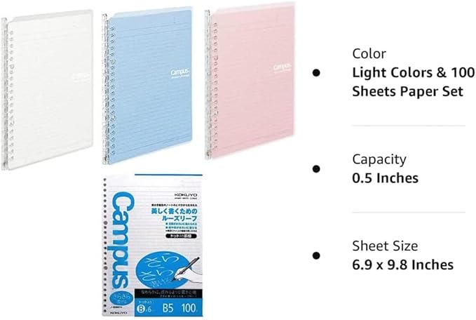 Kokuyo Campus Smart Ring Binders 3 Pack, B5 Notebook Binder +100 Sheet 6mm Dot Ruled Refiller Paper, 25 Sheet Capacity, 26 Rings, Light Color, Perfect for Work, Study & Journal, Japan Import
