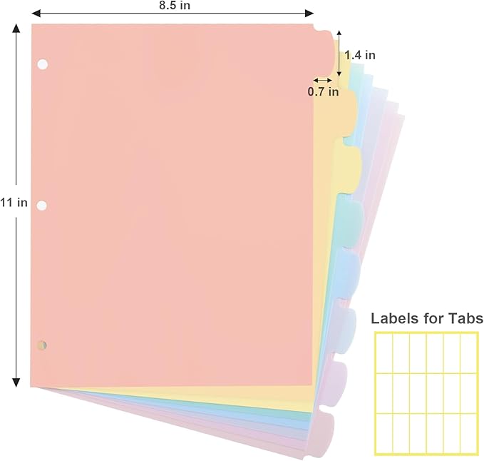 8 Count/1 Set Write & Erase Binder Dividers with Tabs, Plastic 8 Tab Dividers for 3 Ring Binder Letter Size, Separators for Student School Home Office Document Organizer, Pastel