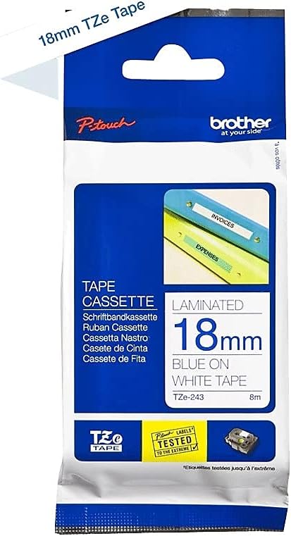 Brother TZE243 TZe Standard Adhesive Laminated Labeling Tape, 3/4-Inch w, Blue on White