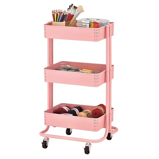 ECR4Kids 3-Tier Metal Rolling Utility Cart, Multipurpose Storage, Pink