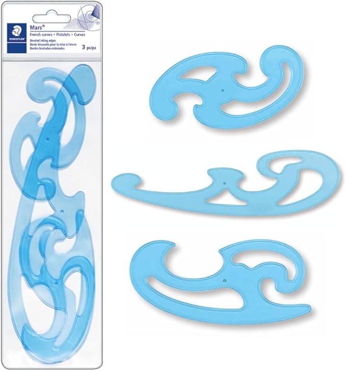 STAEDTLER Mars Professional French Curve Design Ruler Set for Pattern Making 6-Pack (6 Sets of 3 pcs), 3 Essential A B C Shapes, Blue Transparent Plastic with Inking Edge, 18 Count
