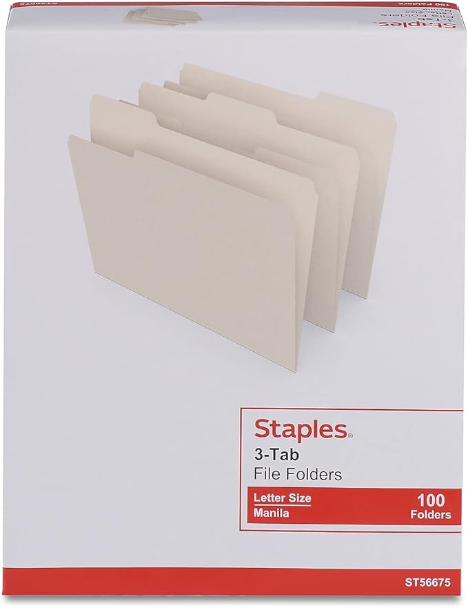 Staples File Folders, Letter Size, 1/3‑Cut Tabs, Assorted Positions, Manila, Durable Paper Stock, 100/Pack