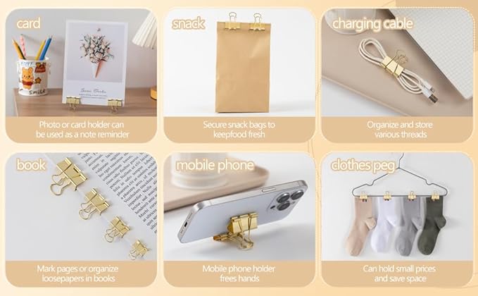 Binder Clip Paper Clamps, Assorted Sizes (Mini, Small, Medium, Large), 100 Pcs Clips for Office School Supplies (Gold)