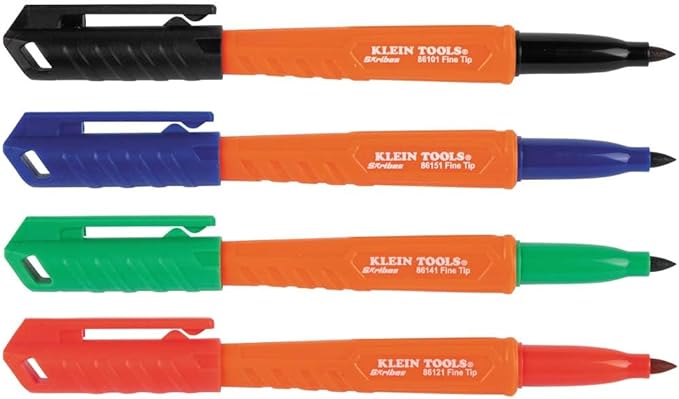 KLEIN TOOLS 861914 Skribes Fine Tip Permanent Markers, Assorted Colors, Hard Hat Clip, Multi-Surface Jobsite Marker for Wet, Dry and Oily Surfaces, 4-Pack