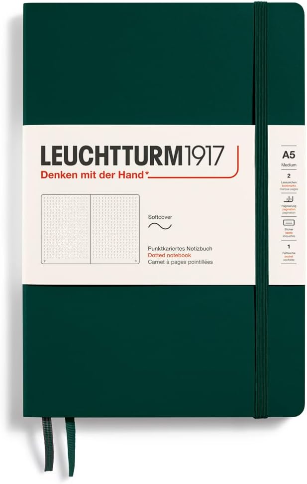LEUCHTTURM1917 - Notebook Softcover Medium A5-123 Numbered Pages for Writing and Journaling (Forest Green, Dotted)