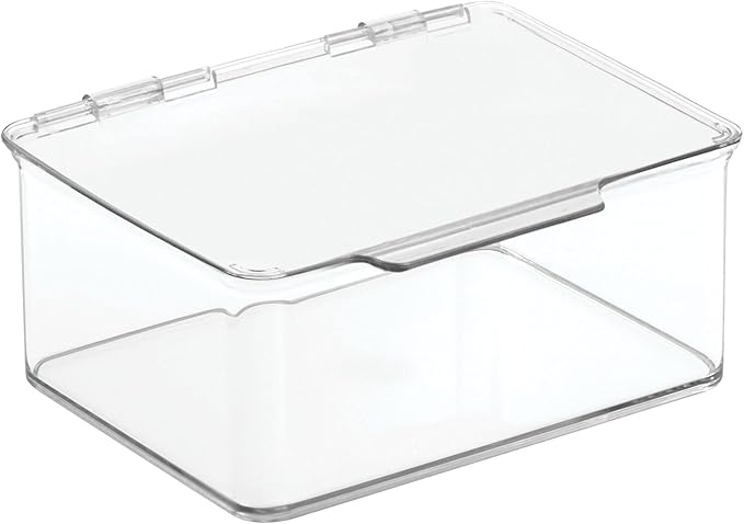 mDesign Small Plastic Home Office Storage Organizer Box Containers w/Hinged Lid for Desktops - Holds Pens, Pencils, Sticky Notes, Highlighters, Staples, Supplies - Lumiere Collection, Clear
