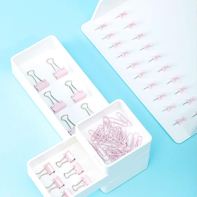 Paper Binder and Clips Set, Metal Assorted Sized Binders with Push Pins, Cute Office Supplies, Teacher Desk Must Haves, Cute Desk Accessories,Pink, 1 Pack