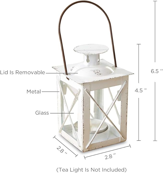 Kate Aspen Decorative Lanterns - Set of 2 - Luminous Distressed Metal Lantern Candle Holders for Wedding, Home Decor and Party - 4.5" H (6.5" H with Handle) – White