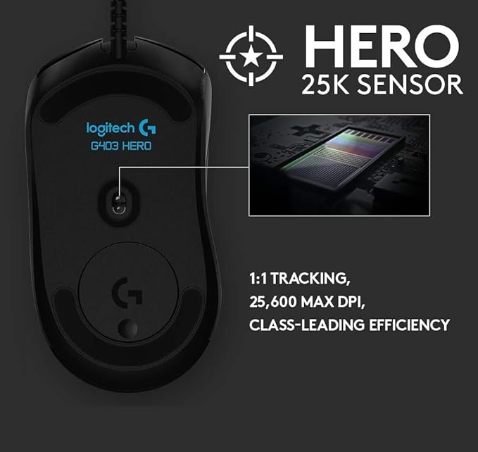 Logitech G403 Hero 25K Gaming Mouse, Lightsync RGB, Lightweight 87G+10G Optional, Braided Cable, 25, 600 DPI, Rubber Side Grips, Black