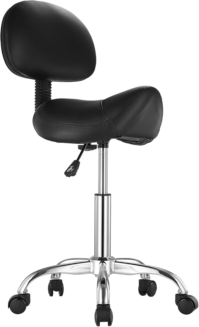 VEVOR Saddle Stool with Back Support and Wheels, 450 LBS Weight Capacity Ergonomic Rolling Stool, Height Adjustable Thickened PU Leather Swivel Saddle Chair for Salon, Spa, Massage, Tattoo, Black