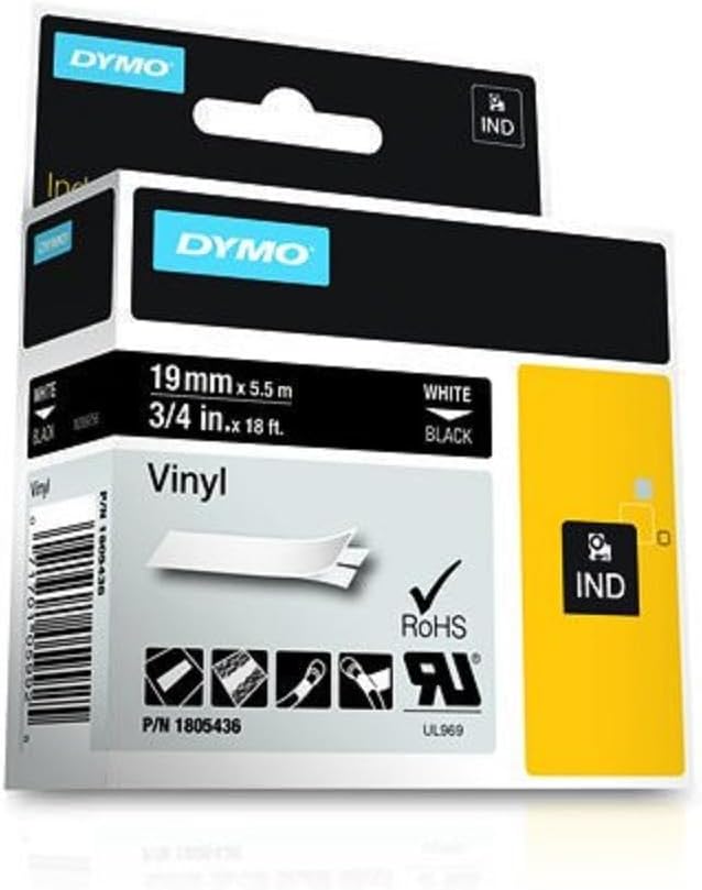 DYMO Rhino Industrial Vinyl Labels | 19 mm x 5.5 m | White Print on Black | Self-Adhesive | for LabelManager & Rhino Label Makers