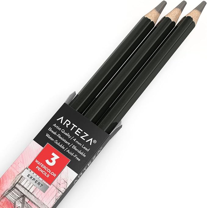 Arteza Professional Watercolor Pencils, Pack of 3, A009 Elephant Gray, Water-Soluble Pencils for Coloring, Blending, Layering & Watercolor Techniques