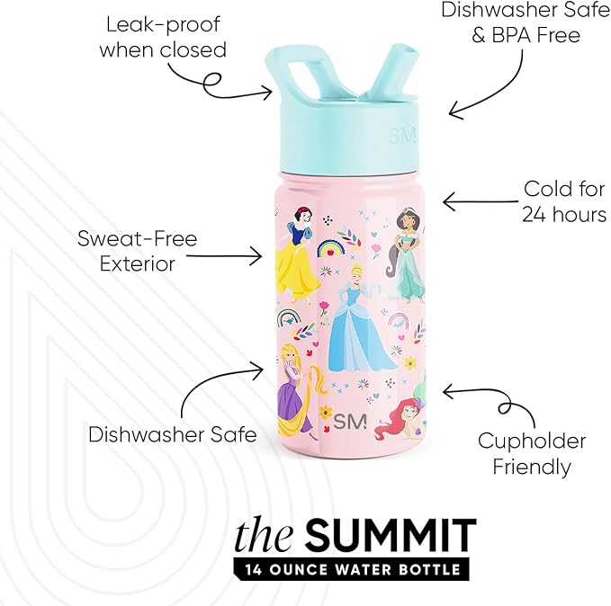 Simple Modern Disney Princess Medium Toddler Backpack, Lunch Box and Water Bottle for School, Girls | 3 pc | Princess Rainbows
