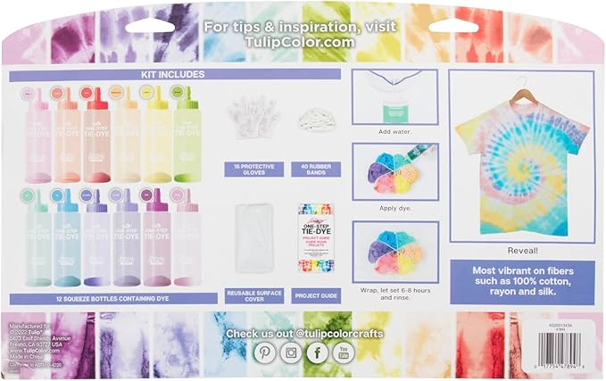 Tulip One-Step Tie-Dye Pastel Party Kit, Easy Large Group Activity, Permanent Designs for Fabric, 12 Colors