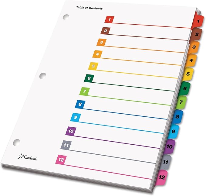 Tops Cardinal 12-Tab Numbered Binder Dividers, OneStep Index System for 3 Ring Binders, Tabs Numbered 1-12, Reverisble Multicolor Tabs, 1 Set (61218)