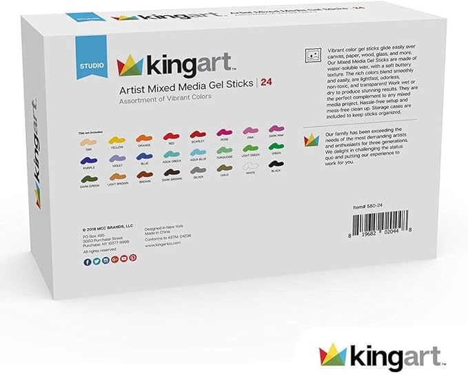 KINGART GEL STICK Set, Artist Pigment Crayons, 24 Unique Colors, Water Soluble, Creamy, and Odorless, Use on Paper, Wood, Canvas and more