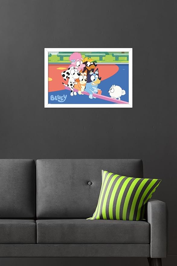 Bluey (2018) - Bluey and Friends See Saw Fun Wall Poster, 22.4L" x 14.7W", White Framed Version