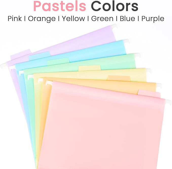 Sooez Extra Capacity Plastic Hanging File Folders, 6 Count Expanding File Folders Letter Size with 2" Expansion, File Organizer with 1/6-Cut Adjustable Tab for File Cabinet, Drawer, Pastels Colors