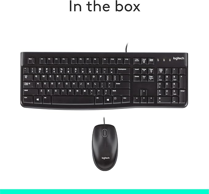 Logitech MK120 Wired Keyboard and Mouse Combo for Windows, Optical Wired Mouse, Full-Size Keyboard, USB Plug-and-Play, Compatible with PC, Laptop - Black