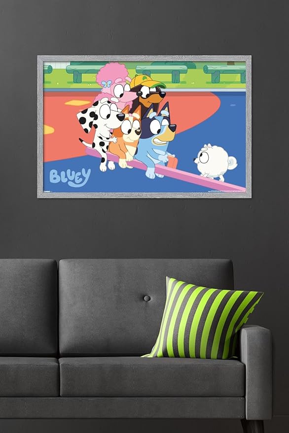 Bluey (2018) - Bluey and Friends See Saw Fun Wall Poster, 34L" x 22.4W", Gray Framed Version