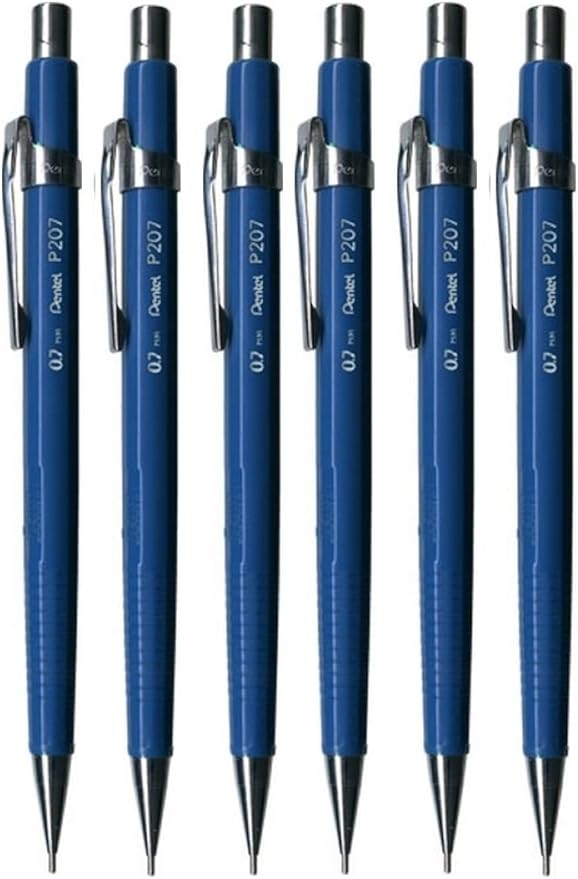 Pentel 0.7mm (P207) Blue P200 Series Automatic Mechanical Draughting Pencil Refillable Lead Eraser P207-C (Pack Of 6)