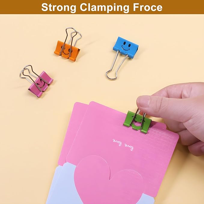 Coideal Smiling Face Binder Clips Medium, 48 Pcs 1 Inch Smiley Metal Paper Clips Clamps Assorted Color with Cute Fun Smile Hollow for Office (25mm)