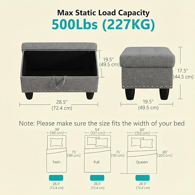 Simple Deluxe Ottoman with Storage Bench Chair, 28.5" L x 19.5" W x 17.5" H Foot Rest Stools with Non-Woven Fabric,Ottoman Storage Chest Box with Padded Seat for Bedroom, Living Room, Entryway,Ash