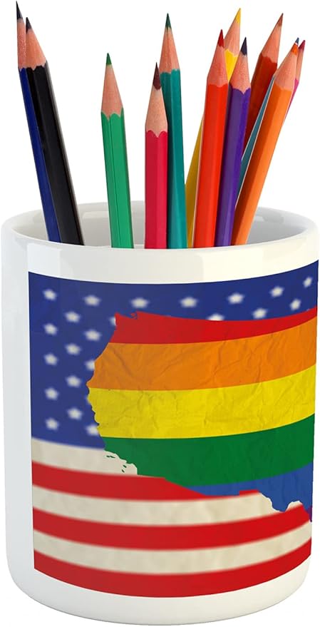 Ambesonne Pride Pencil Pen Holder, USA American Flag with Rainbow Gay Marriage Nationwide Rights and Equality Theme, Ceramic Pencil Pen Holder for Desk Office Accessory, 3.6" X 3.2", Red Yellow