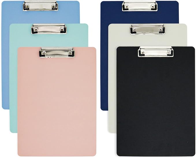 BOMEI PACK Plastic Clipboard, 6Pack Assorted Colors Office Clipboard, 12.5 x 9 Inch