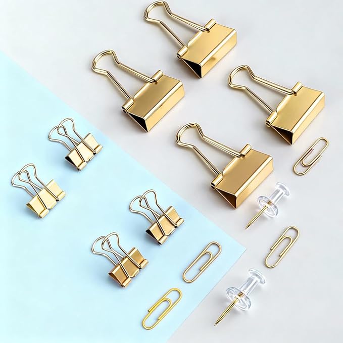 Cute Office Supplies Gold, Paper Clips, Binder Clips and Push Pins Set, Paper Organizer Clips with Storage Box
