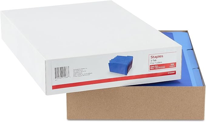 Staples File Folders, Legal Size, 1/3‑Cut Tabs, Blue, Durable Paper Stock, 200/Carton