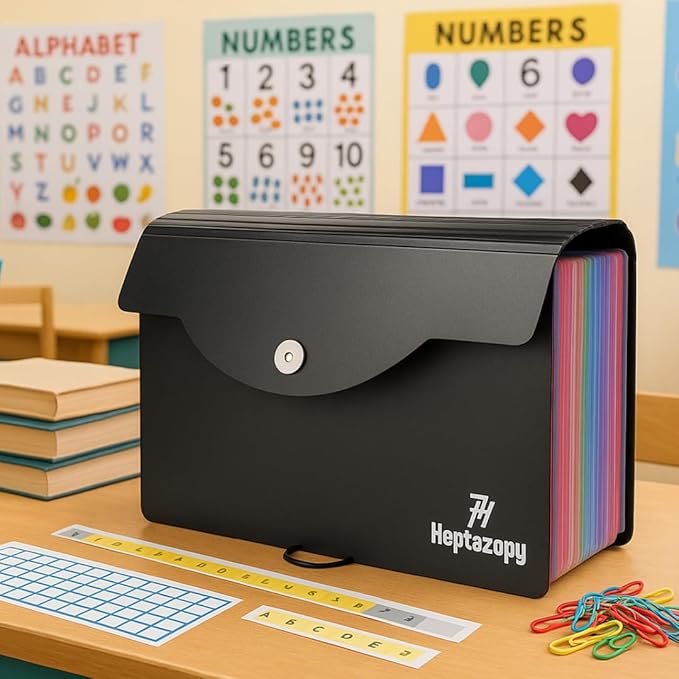 Plastic Accordion File Organizer, 26 Pockets Expandable File Folder Organizer, A4 Letter Size Filing Organizer with Colorful Tabs, Elastic Cord, 60 Paper Clip, Label & Stickers for Office School Home