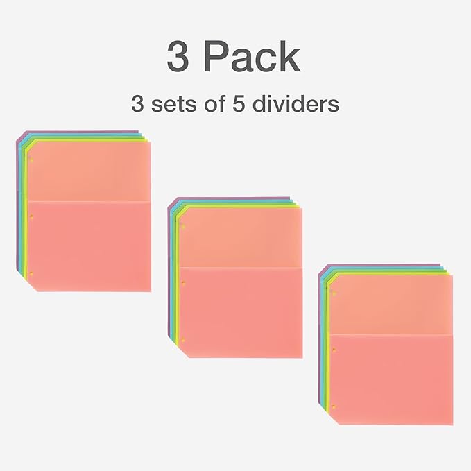 Oxford Poly Binder Dividers, Double Pocket, 3 Hole Punch Organizers, Pastel Colors, 5 Untabbed Non-Stick Organizers, Pack of 3 Index Dividers (59801)