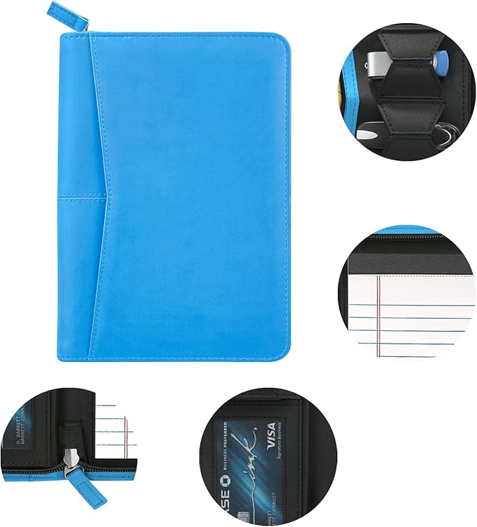 Small Portfolio Organizer, A5 Zippered Business Portfolio, Junior Padfolio Folder Binder for Women & Men, 5 x 8 Writing Pad Included, Blue
