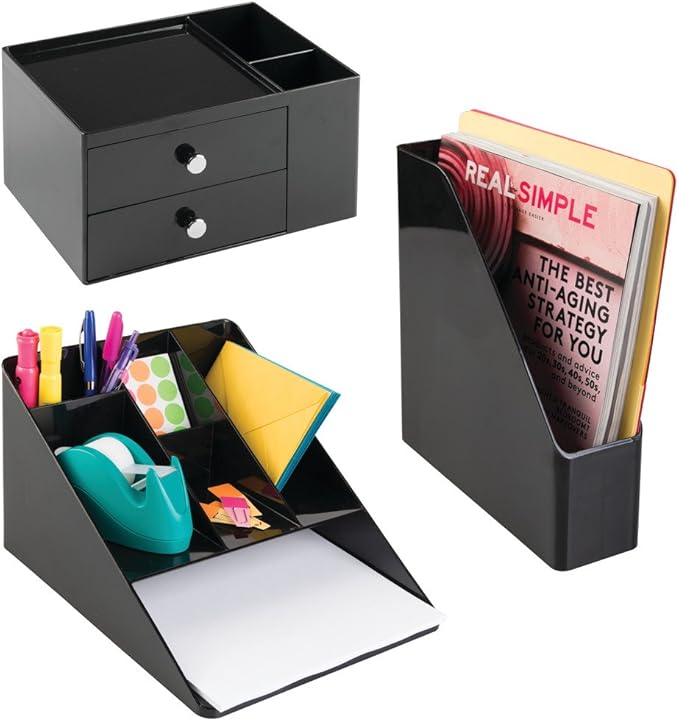 iDesign Office Supplies Desk Organizer, for Staplers, Scissors, Pens, Markers, Highlighters, Notepads - 2 Drawers, Black