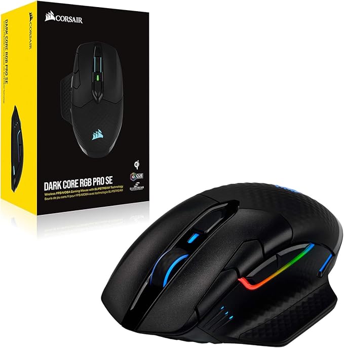 Corsair Dark CORE RGB PRO SE Wireless FPS/MOBA Gaming Mouse with Qi Charging – 18,000 DPI – 8 Programmable Buttons – Sub-1ms Wireless – iCUE Compatible – PC, Mac, PS5, PS4, Xbox – Black