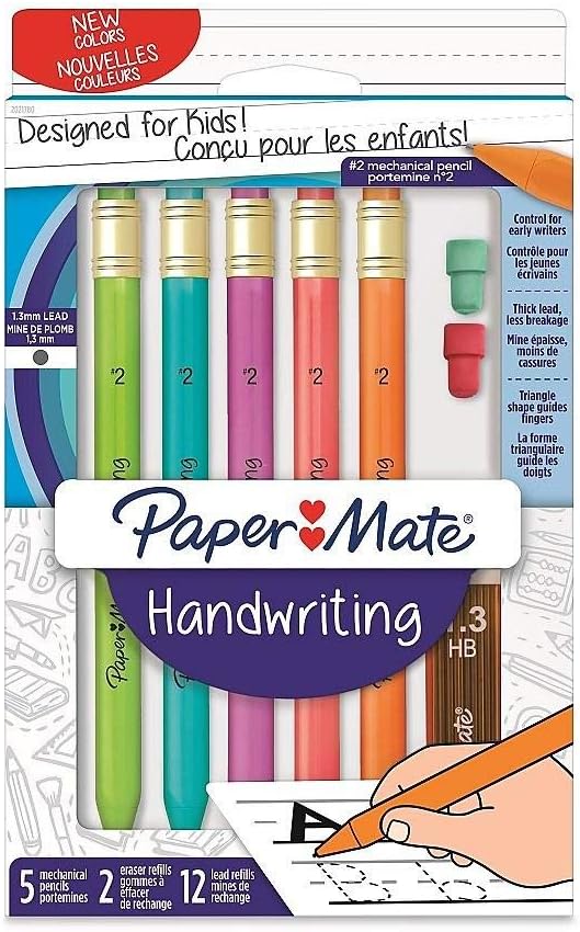 PaperMate Handwriting 5 Mechanical Pencils #2 1.3mm Lead 2 eraser refills 12 lead refills