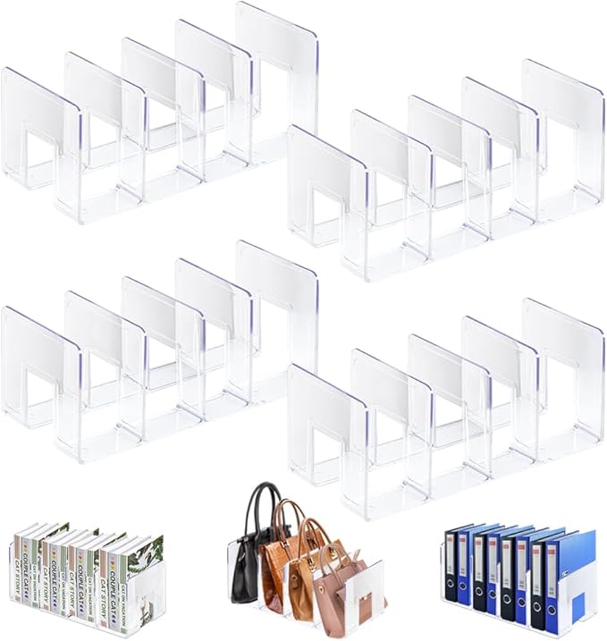 4Pcs Clear Acrylic Desk File Sorter, Desktop File Organizer, 4 Sections Clutch Divider File Folder Rack, Purse Handbag Organizer Letter Notebook Folder, Office Supplies Stand (Clear)