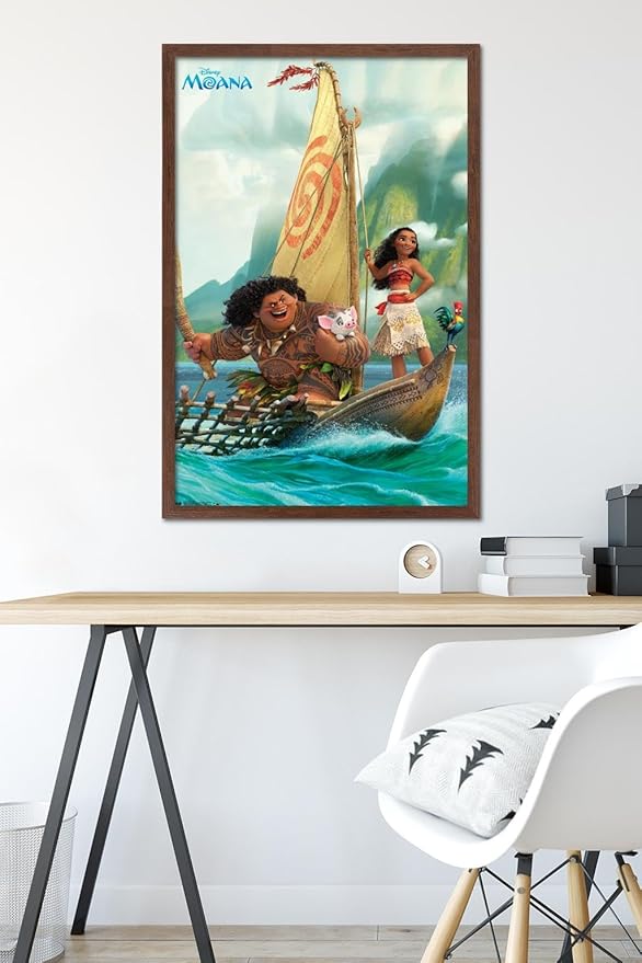 Disney Moana - Group Wall Poster, 34L" x 22.4W", Mahogany Framed Version
