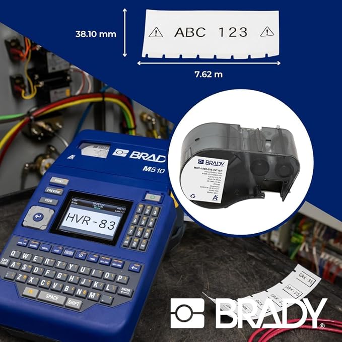 Brady Authentic (M5C-1500-595-WT-BK) All-Weather Vinyl Labels 1.5 in W x 25ft Black on White. for use with BMP51, M510, and M511 Label Printers.