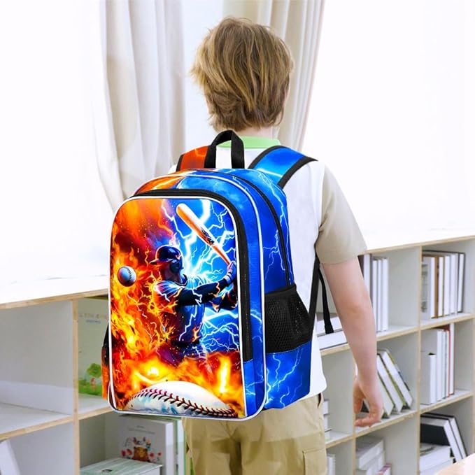 gxtvo 3PCS Boys Baseball Backpack, 17" Kids Bookbag with Lunch Box, Water Resistant Middle Elementary School Bag - Fire & Lightning Baseball Player